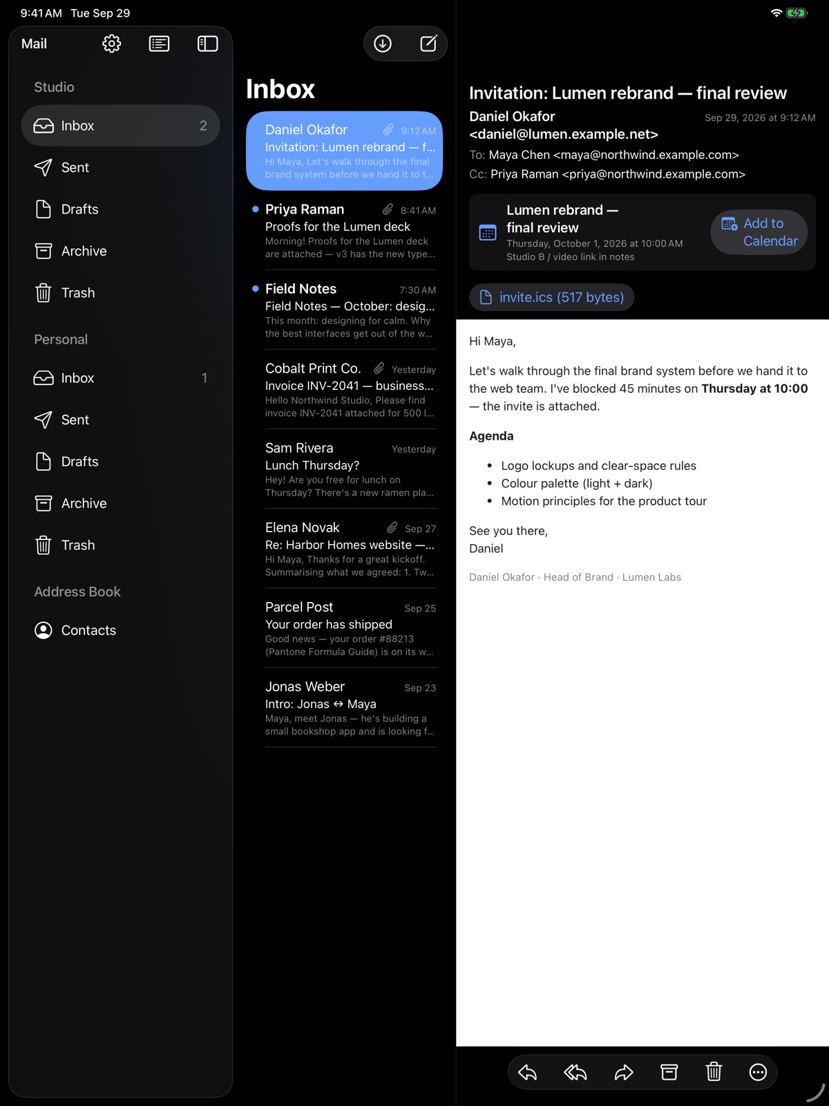 Bucketmail on iPad in dark mode