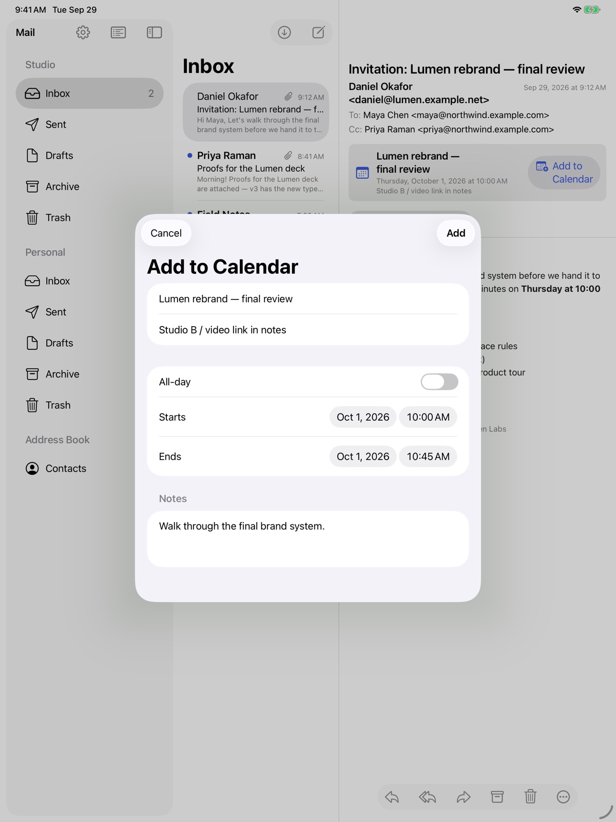 Add to Calendar editor on iPad, pre-filled with an invitation's title, location, start and end times
