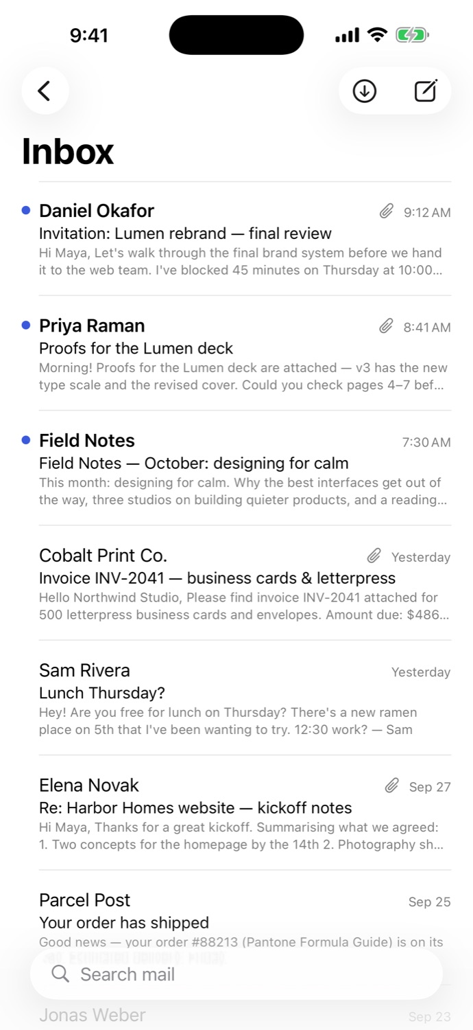 Inbox on iPhone with unread messages and attachments