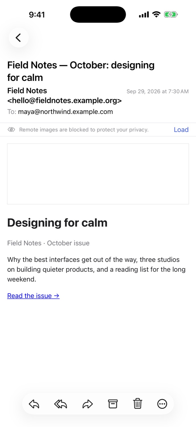 A newsletter on iPhone with a banner saying remote images are blocked to protect your privacy, and a Load button