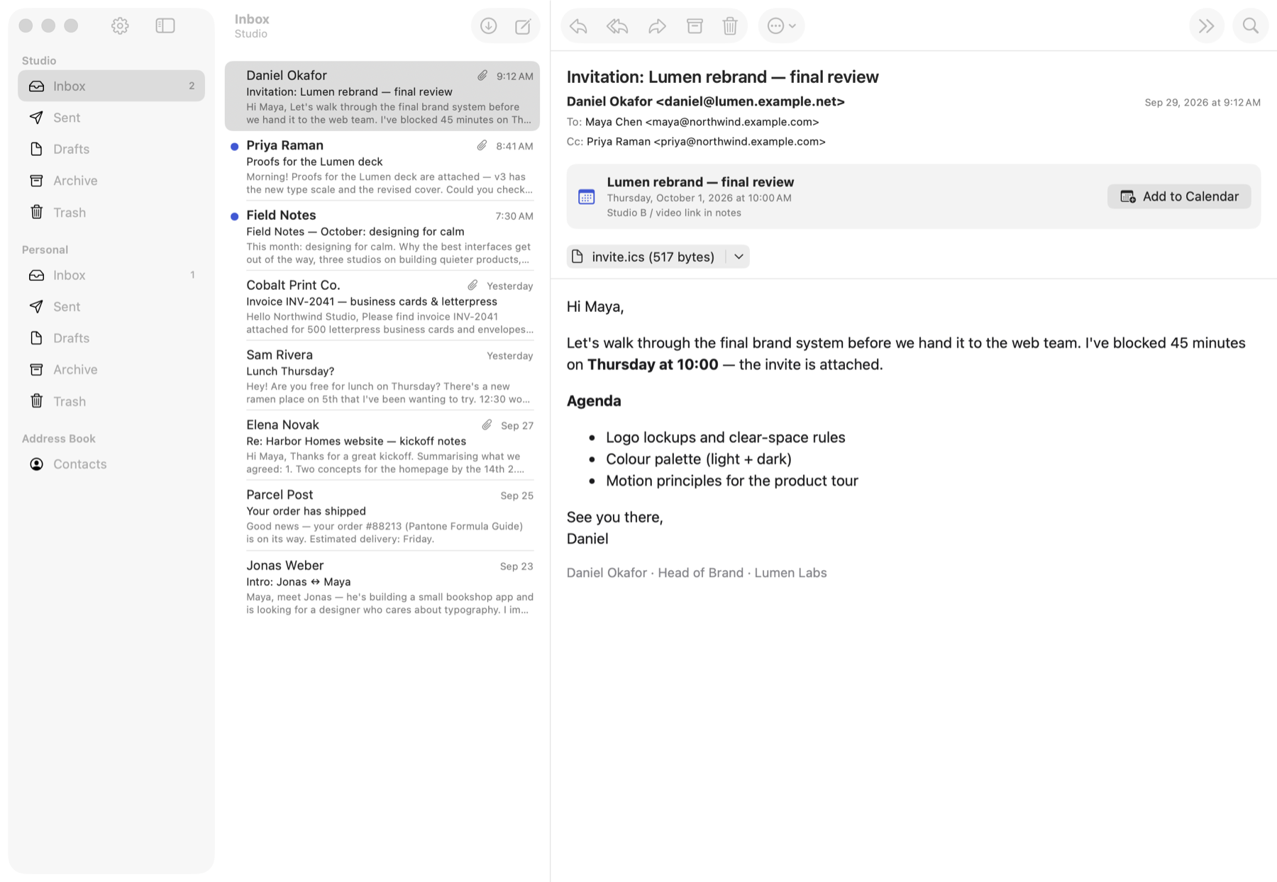 Bucketmail on a Mac: mailbox sidebar, a message list, and an open calendar invitation with an Add to Calendar button