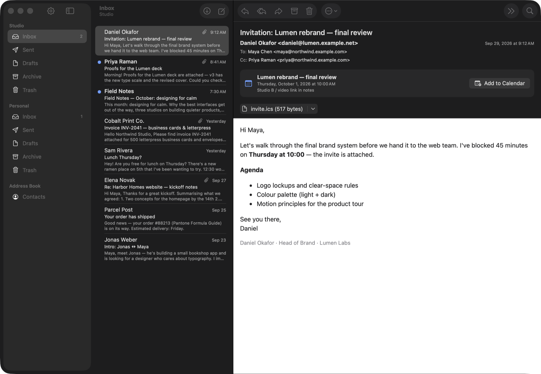 Bucketmail on macOS in dark mode