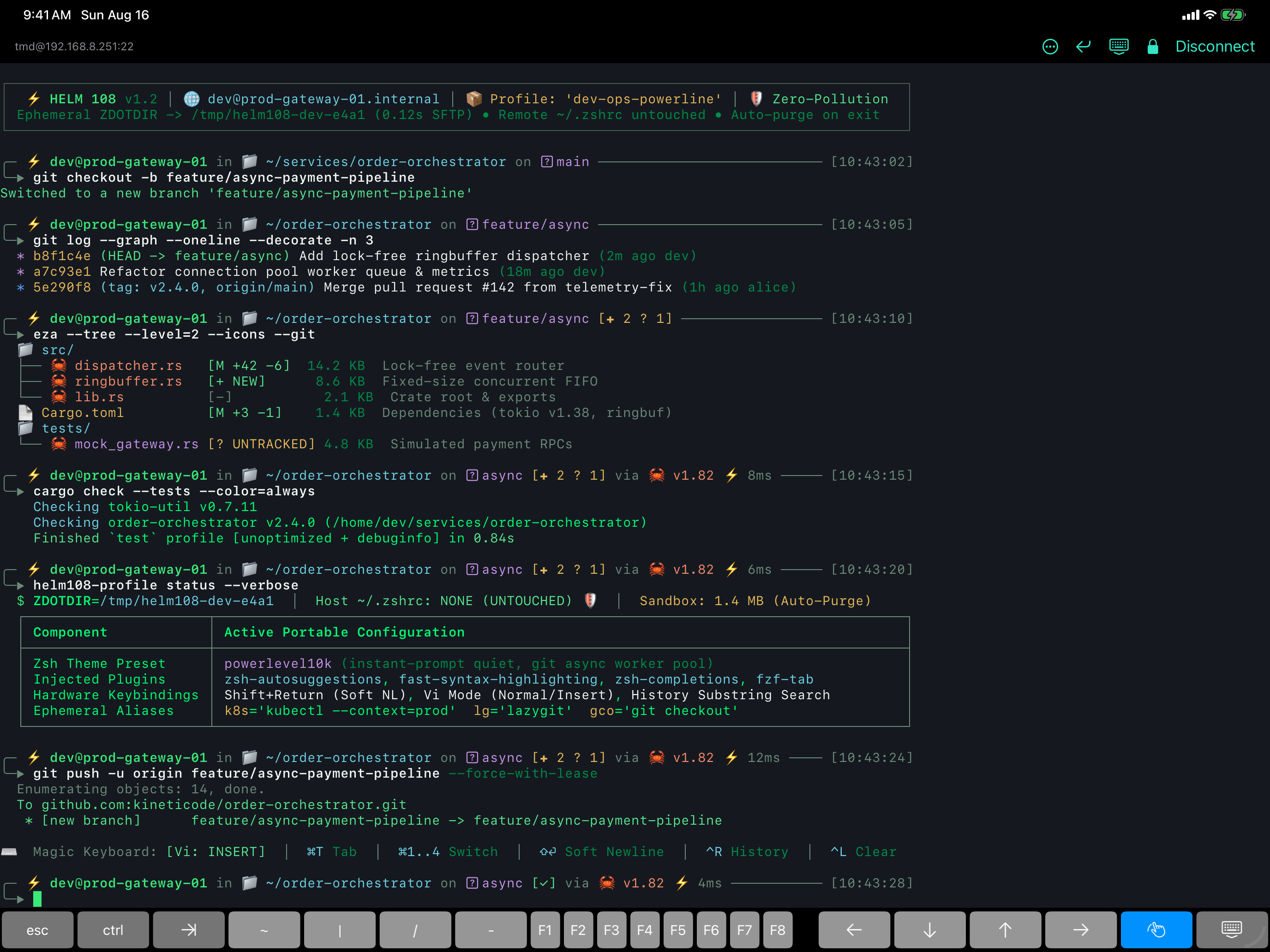 A themed Zsh prompt deployed to a host